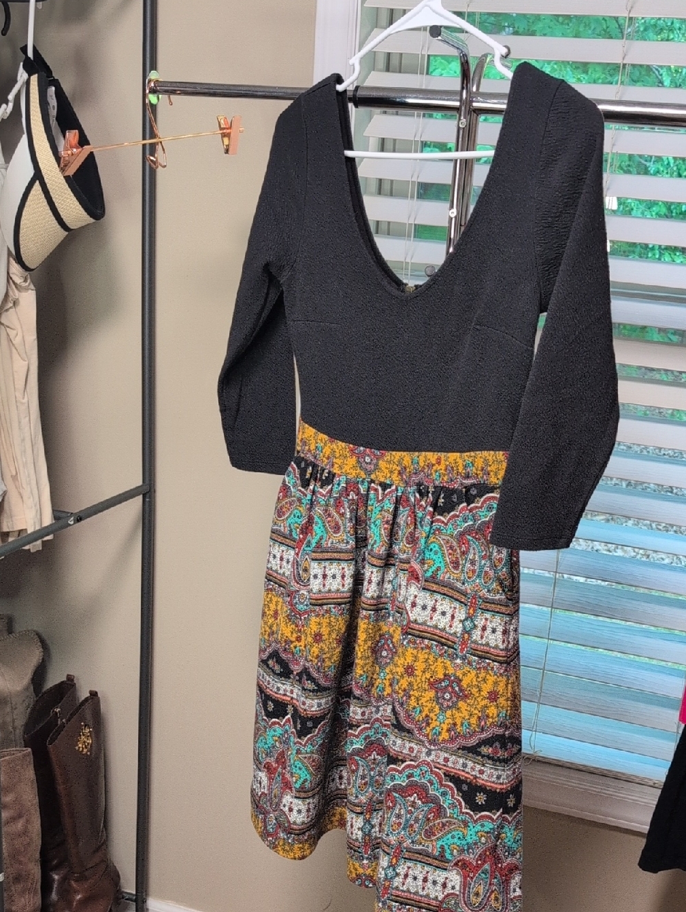 Maeve Black Long-Sleeve Scoop-Neck Dress with Multicolor Paisley Skirt